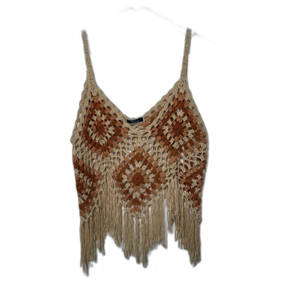 Boho Crochet Fringe Top Festival Tank Beige Rust Handmade Summer Hippie M - Picture 1 of 3